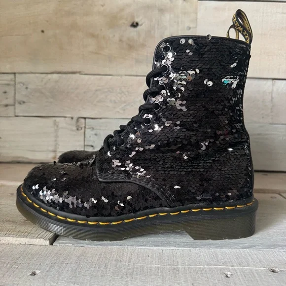 Dr. Martens Black Sequin Combat Boots - Picture 6 of 12